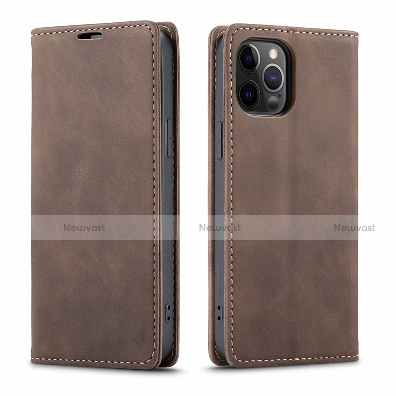 Leather Case Stands Flip Cover T01 Holder for Apple iPhone 12 Pro Max Brown
