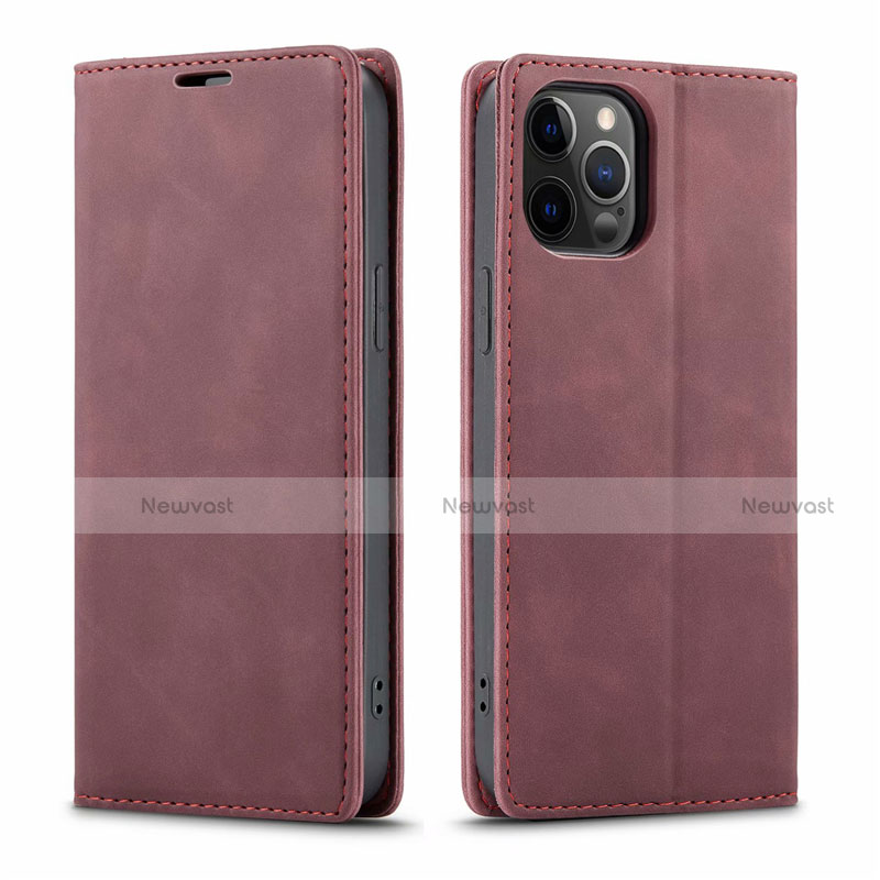 Leather Case Stands Flip Cover T01 Holder for Apple iPhone 12 Pro Max Red Wine