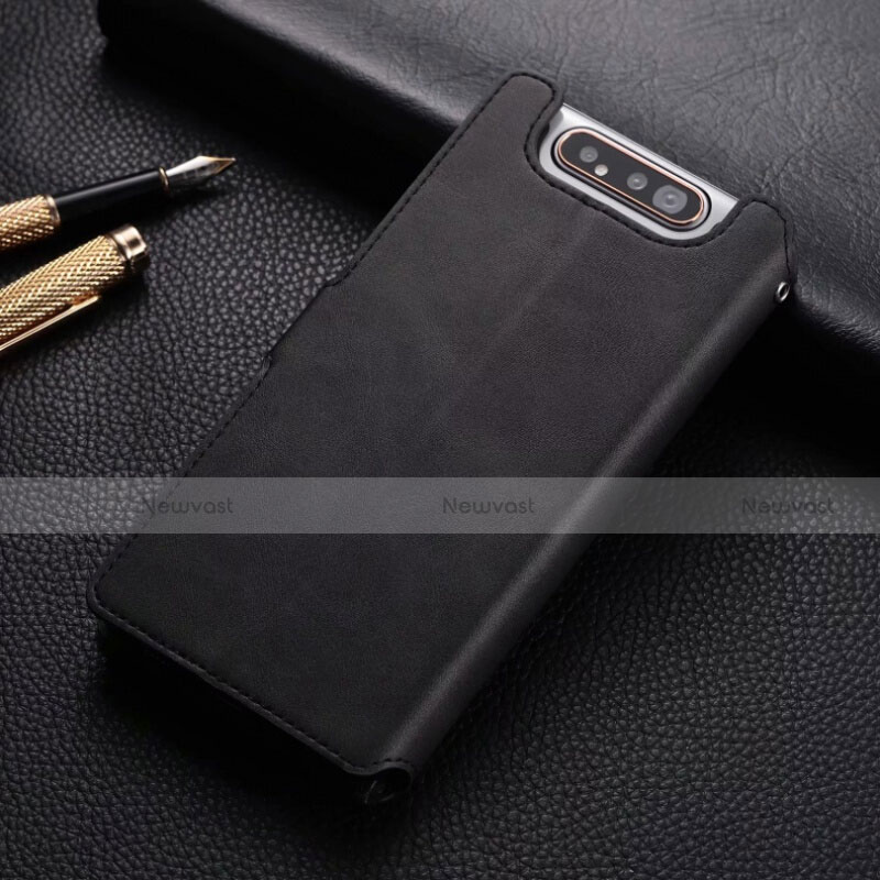Leather Case Stands Flip Cover T01 Holder for Samsung Galaxy A80 Black
