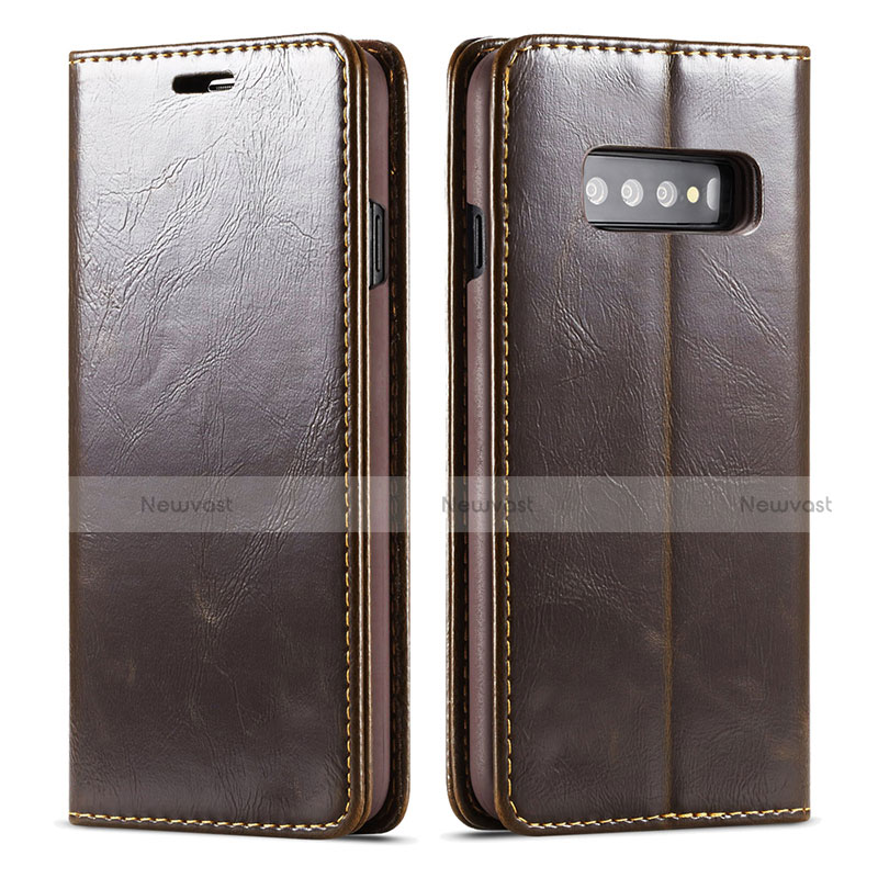 Leather Case Stands Flip Cover T01 Holder for Samsung Galaxy S10 Brown