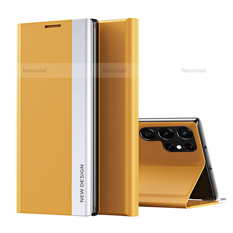 Leather Case Stands Flip Cover T01 Holder for Samsung Galaxy S21 Ultra 5G Yellow