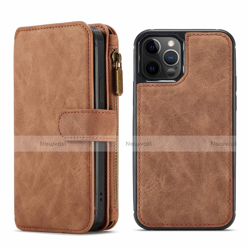 Leather Case Stands Flip Cover T02 Holder for Apple iPhone 12 Pro Max Brown