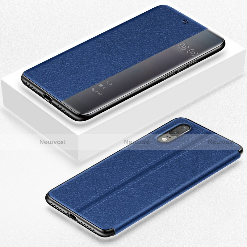 Leather Case Stands Flip Cover T02 Holder for Huawei P20 Blue