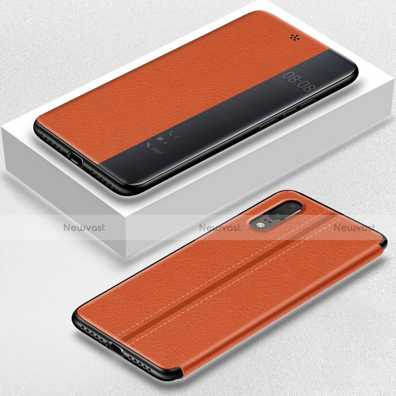 Leather Case Stands Flip Cover T02 Holder for Huawei P20 Orange