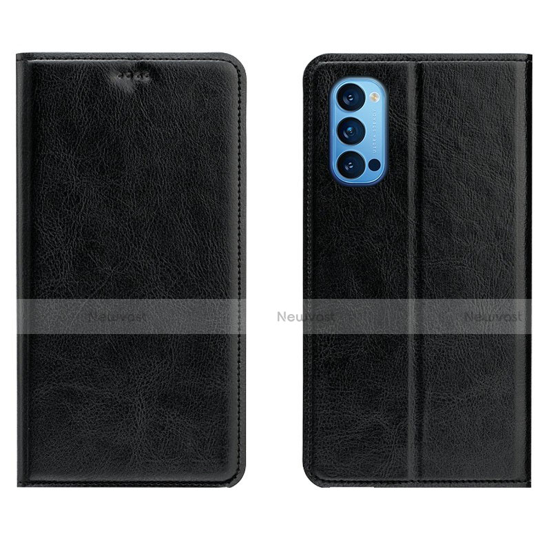 Leather Case Stands Flip Cover T02 Holder for Oppo Reno4 5G Black