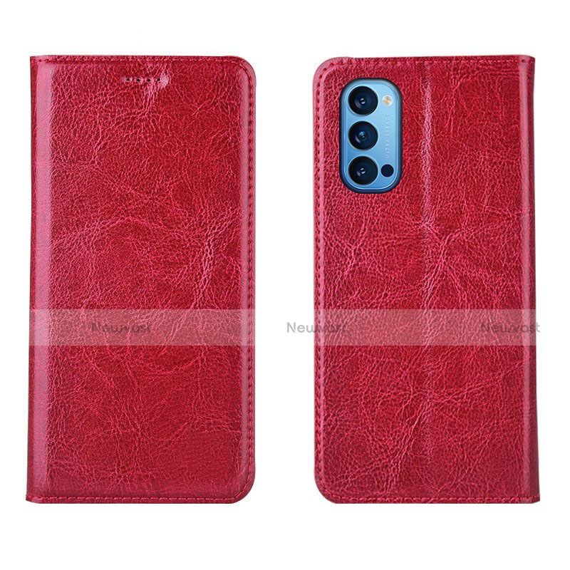 Leather Case Stands Flip Cover T02 Holder for Oppo Reno4 5G Red