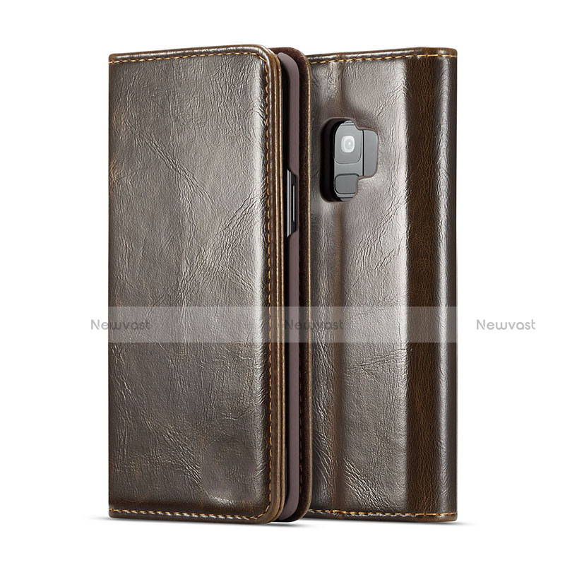 Leather Case Stands Flip Cover T02 Holder for Samsung Galaxy S9 Brown