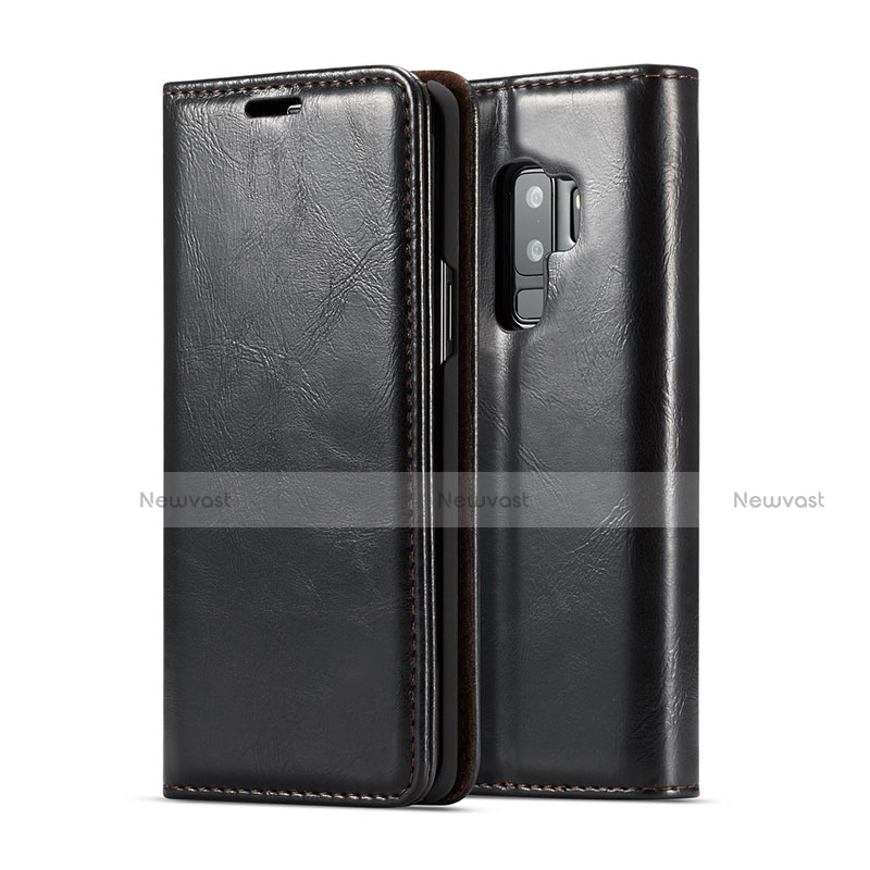 Leather Case Stands Flip Cover T02 Holder for Samsung Galaxy S9 Plus Black