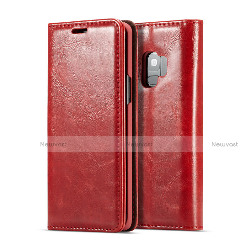 Leather Case Stands Flip Cover T02 Holder for Samsung Galaxy S9 Red