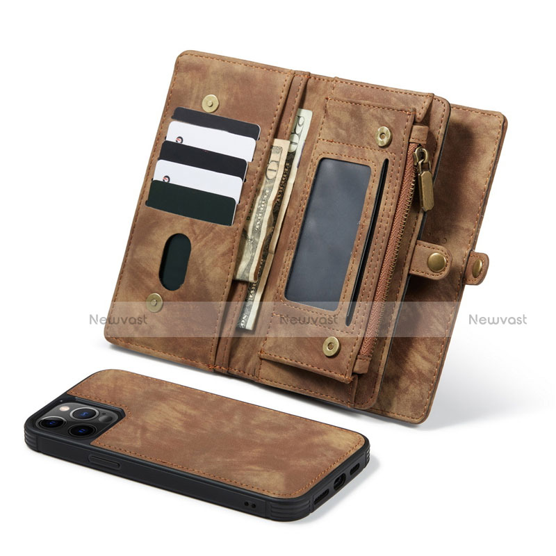Leather Case Stands Flip Cover T03 Holder for Apple iPhone 12 Pro Brown