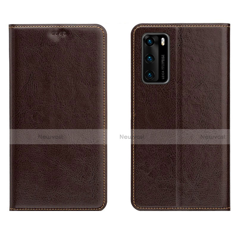 Leather Case Stands Flip Cover T03 Holder for Huawei P40 Brown