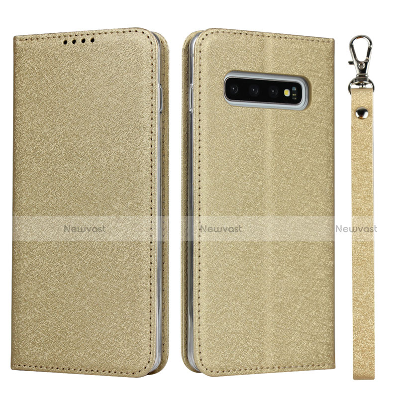 Leather Case Stands Flip Cover T03 Holder for Samsung Galaxy S10 5G Gold