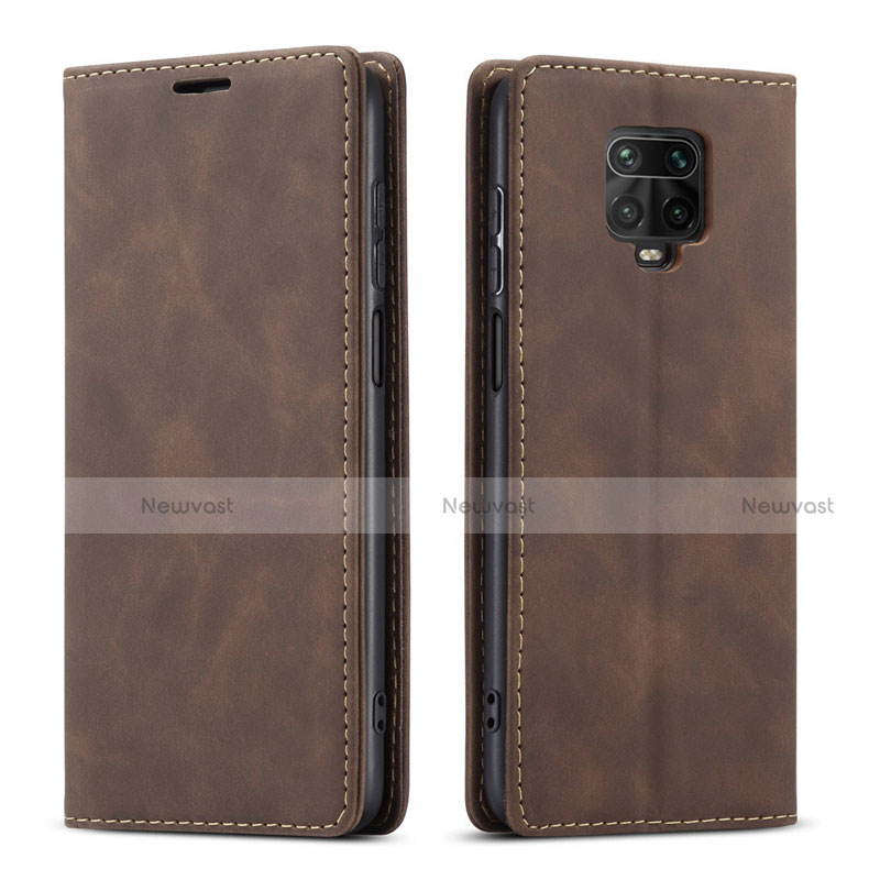 Leather Case Stands Flip Cover T03 Holder for Xiaomi Redmi Note 9 Pro Brown