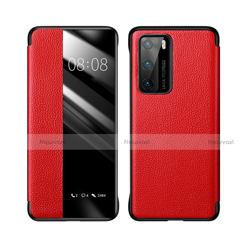 Leather Case Stands Flip Cover T04 Holder for Huawei P40 Red