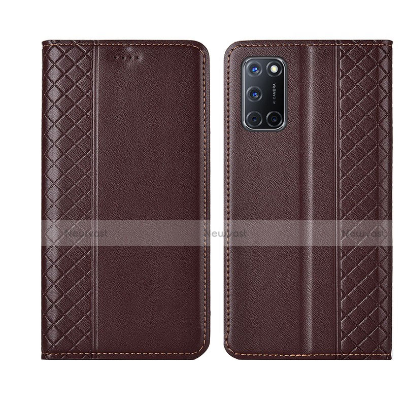 Leather Case Stands Flip Cover T04 Holder for Oppo A52 Brown