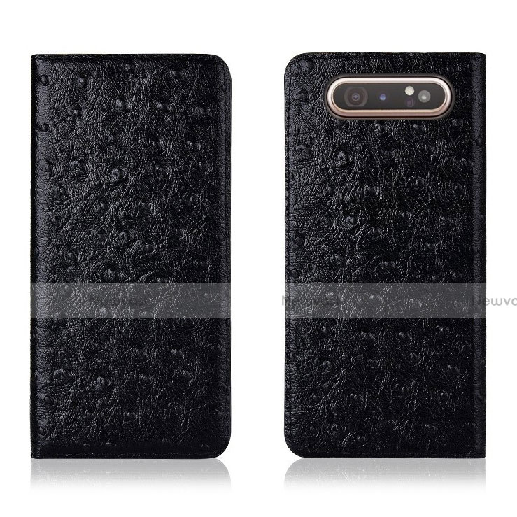 Leather Case Stands Flip Cover T04 Holder for Samsung Galaxy A80 Black