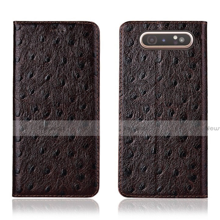 Leather Case Stands Flip Cover T04 Holder for Samsung Galaxy A80 Brown