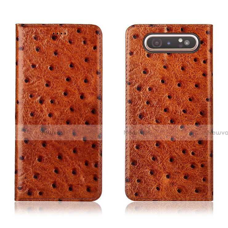 Leather Case Stands Flip Cover T04 Holder for Samsung Galaxy A80 Orange