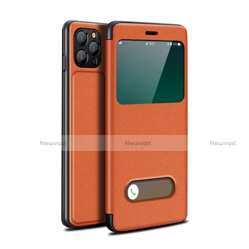 Leather Case Stands Flip Cover T05 Holder for Apple iPhone 12 Pro Max Orange