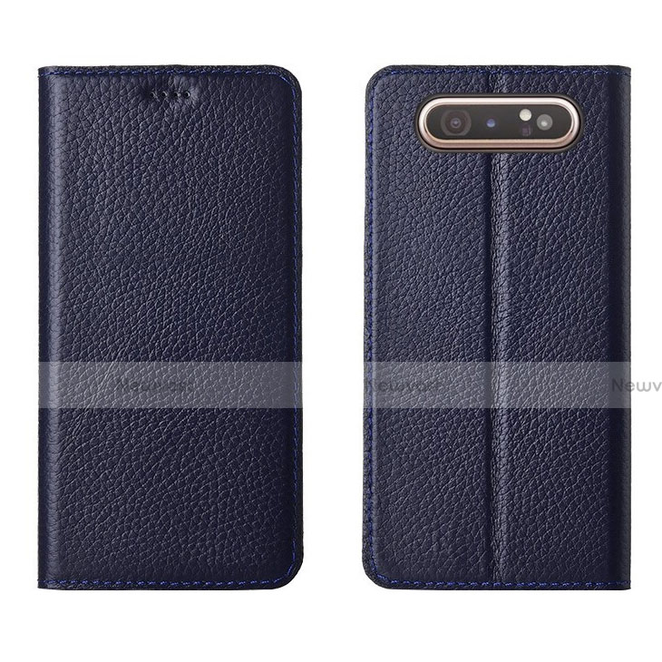 Leather Case Stands Flip Cover T05 Holder for Samsung Galaxy A80 Blue