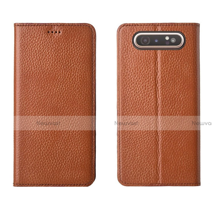 Leather Case Stands Flip Cover T05 Holder for Samsung Galaxy A80 Orange