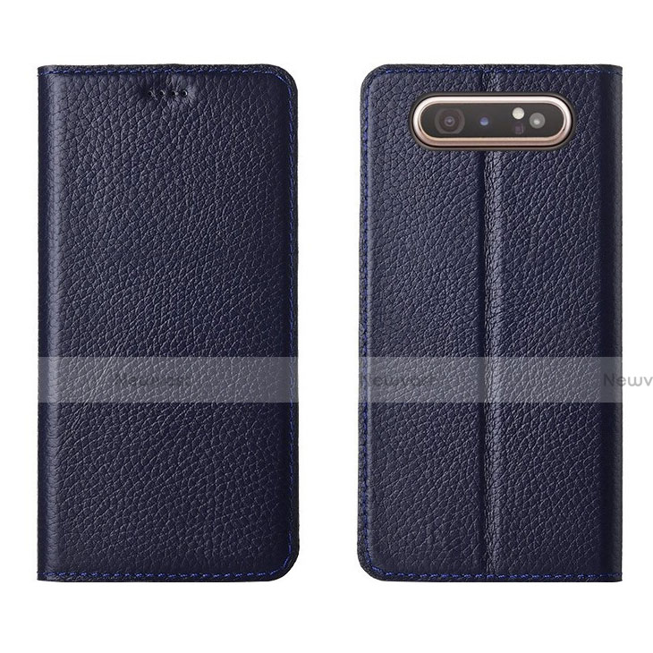 Leather Case Stands Flip Cover T05 Holder for Samsung Galaxy A90 4G Blue