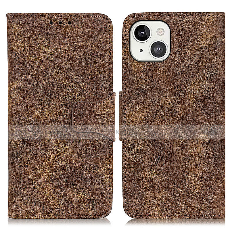 Leather Case Stands Flip Cover T06 Holder for Apple iPhone 14 Brown