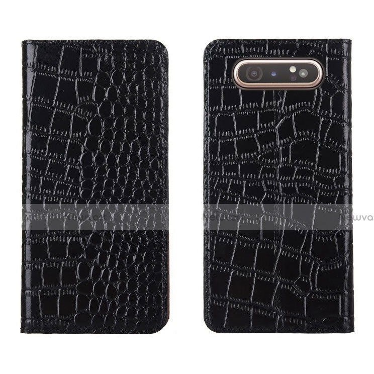 Leather Case Stands Flip Cover T06 Holder for Samsung Galaxy A80 Black
