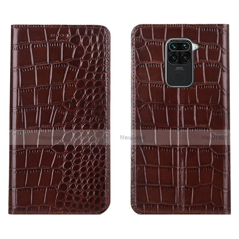 Leather Case Stands Flip Cover T06 Holder for Xiaomi Redmi Note 9 Brown