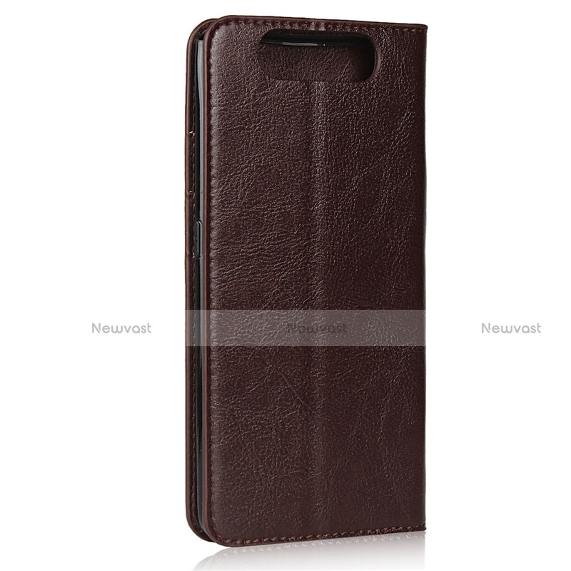 Leather Case Stands Flip Cover T07 Holder for Samsung Galaxy A80 Brown