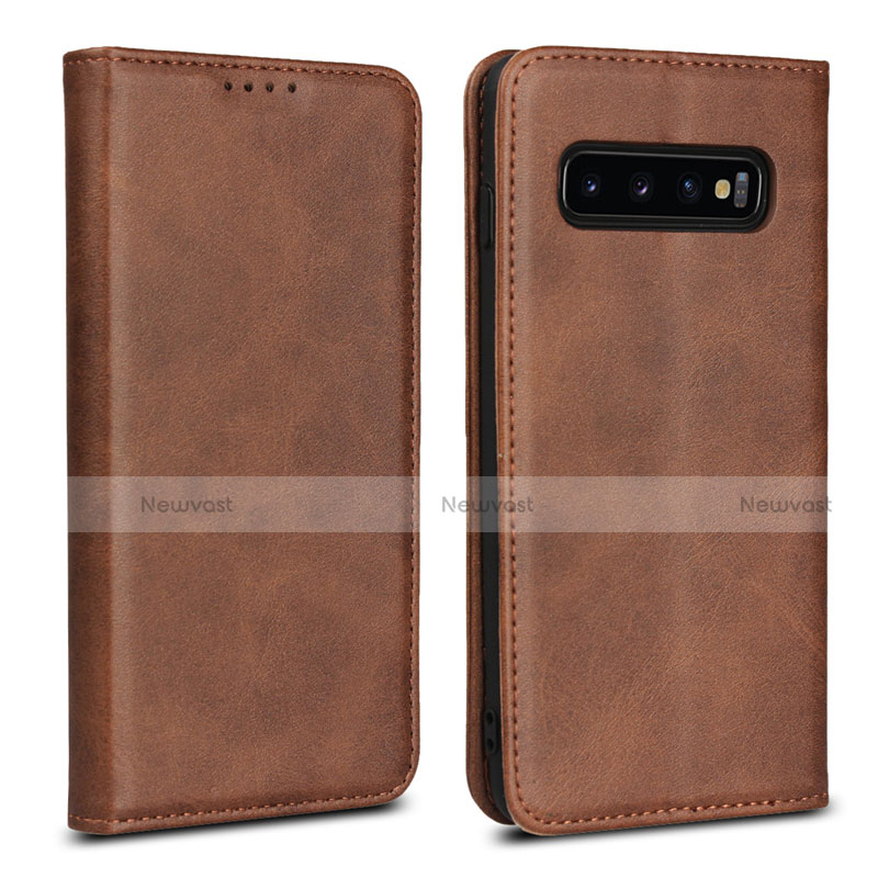 Leather Case Stands Flip Cover T07 Holder for Samsung Galaxy S10 Brown