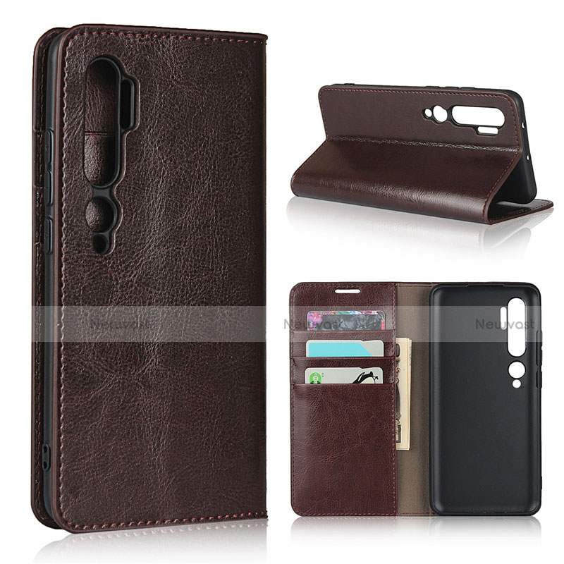Leather Case Stands Flip Cover T07 Holder for Xiaomi Mi Note 10 Brown