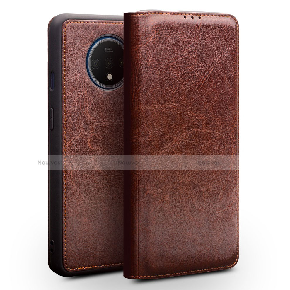 Leather Case Stands Flip Cover T08 Holder for OnePlus 7T Brown