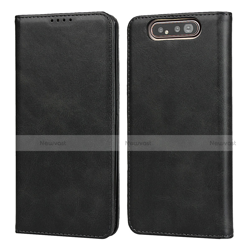 Leather Case Stands Flip Cover T08 Holder for Samsung Galaxy A80 Black