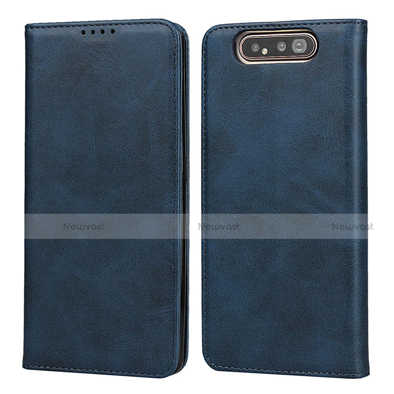 Leather Case Stands Flip Cover T08 Holder for Samsung Galaxy A80 Blue
