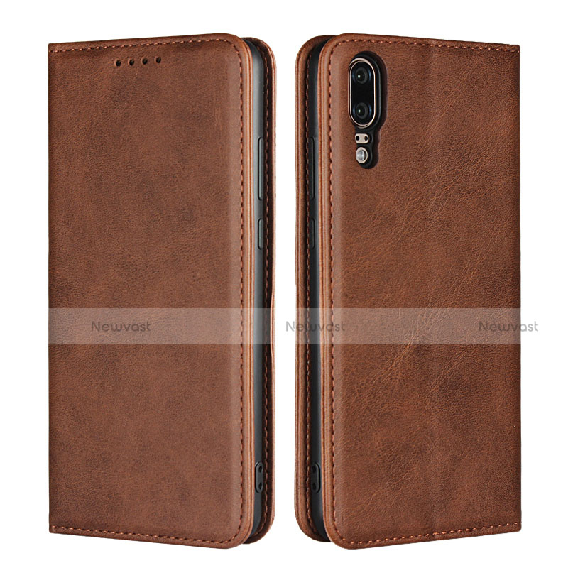 Leather Case Stands Flip Cover T09 Holder for Huawei P20 Brown