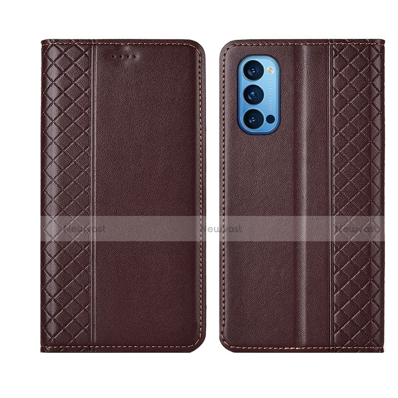Leather Case Stands Flip Cover T09 Holder for Oppo Reno4 5G Brown
