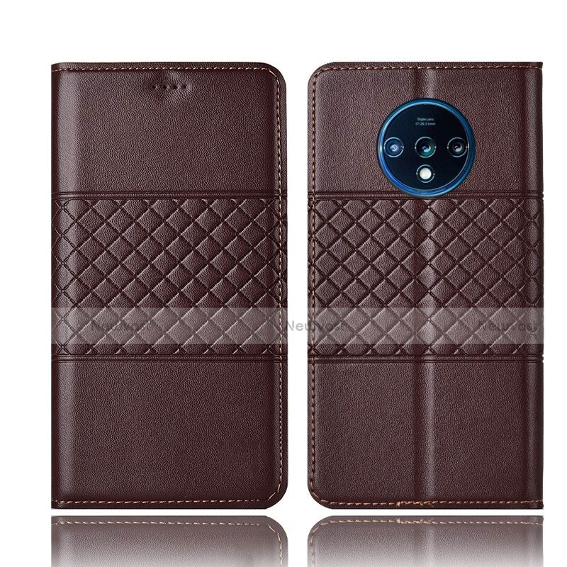 Leather Case Stands Flip Cover T10 Holder for OnePlus 7T Brown