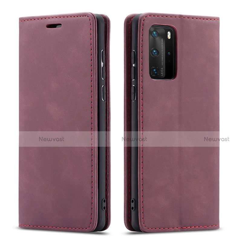 Leather Case Stands Flip Cover T15 Holder for Huawei P40 Pro Red Wine