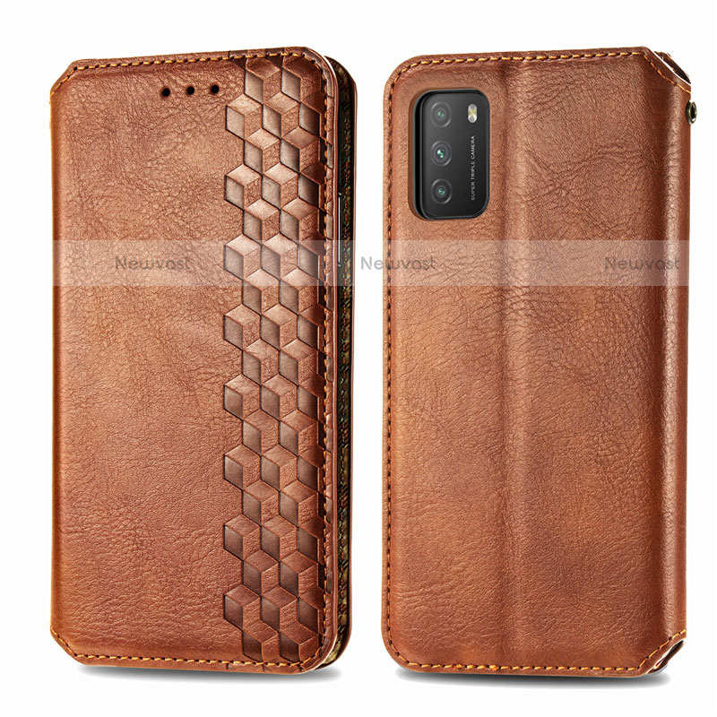 Leather Case Stands Flip Cover T16 Holder for Xiaomi Poco M3 Brown