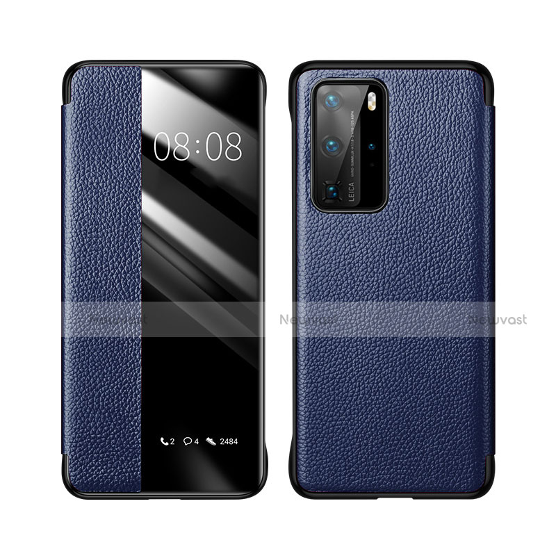 Leather Case Stands Flip Cover T18 Holder for Huawei P40 Pro Blue