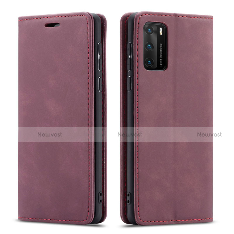 Leather Case Stands Flip Cover T18 Holder for Huawei P40 Red Wine
