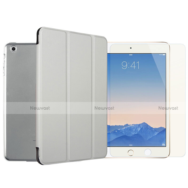 Leather Case Stands Flip Cover with Tempered Glass Screen Protector for Apple iPad Mini 2 Silver