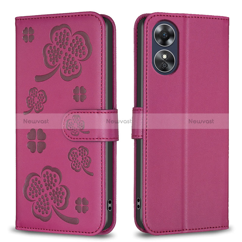 Leather Case Stands Flip Flowers Cover Holder BF1 for Oppo A17 Hot Pink