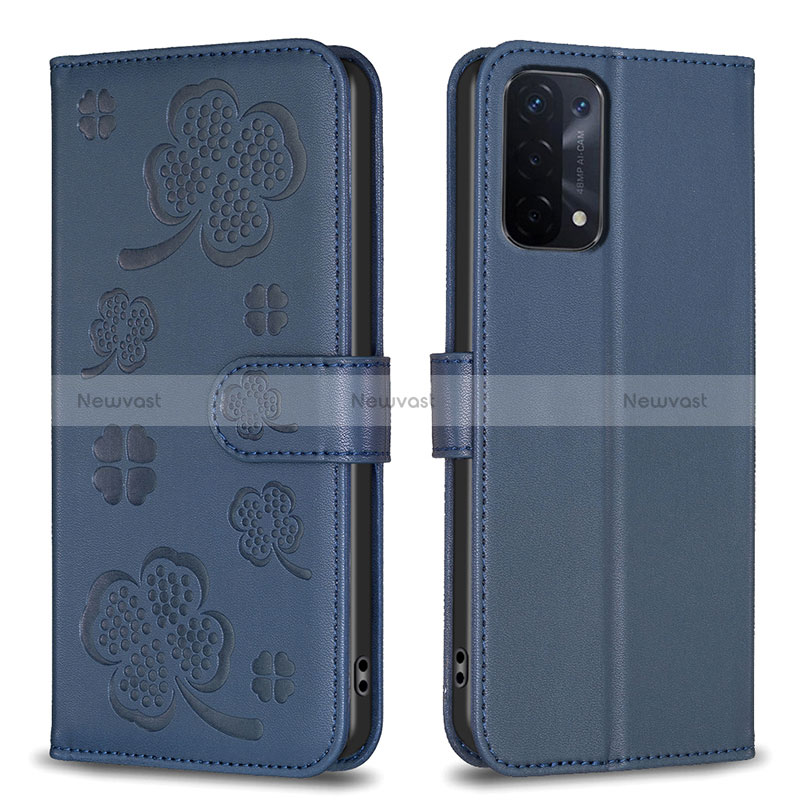 Leather Case Stands Flip Flowers Cover Holder BF1 for Oppo A74 5G Blue