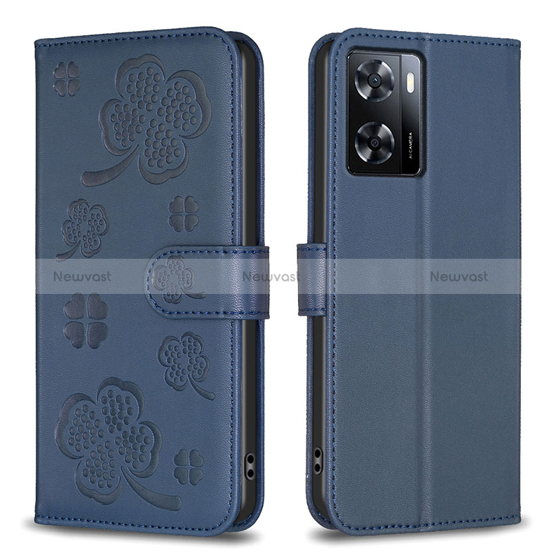 Leather Case Stands Flip Flowers Cover Holder BF1 for Oppo A77 4G Blue