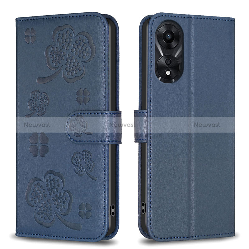 Leather Case Stands Flip Flowers Cover Holder BF1 for Oppo A78 5G Blue
