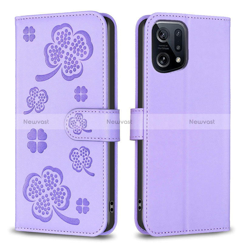 Leather Case Stands Flip Flowers Cover Holder BF1 for Oppo Find X5 5G Purple