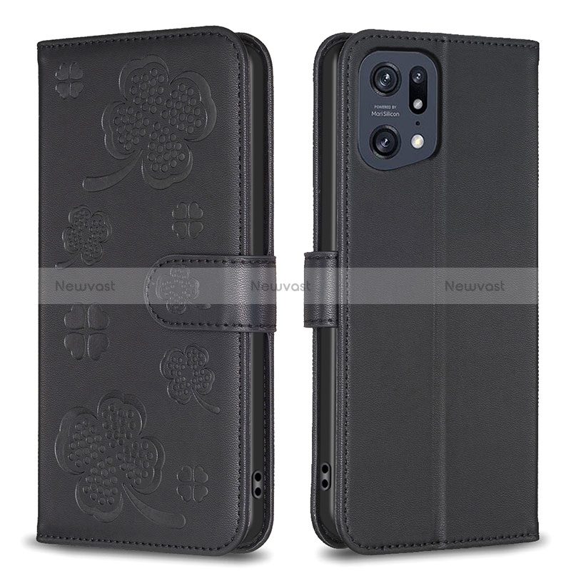Leather Case Stands Flip Flowers Cover Holder BF1 for Oppo Find X5 Pro 5G Black