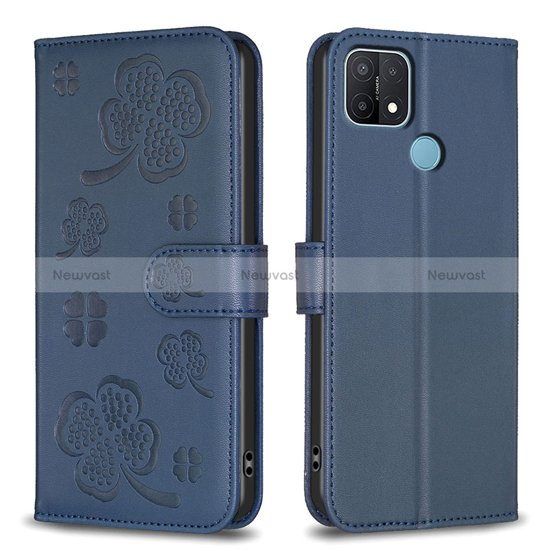 Leather Case Stands Flip Flowers Cover Holder BF2 for Oppo A15 Blue